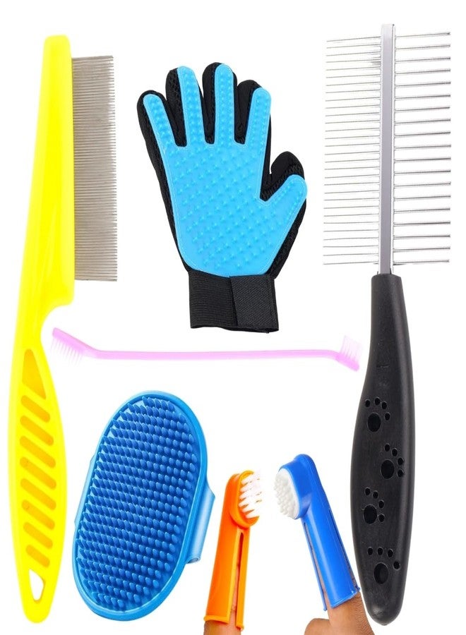 مجموعة أدوات العناية بالحيوانات الأليفة مع قفاز لإزالة الشعر الزائد، ومشط معدني، وفرش، باللونين الأزرق والأصفر، أدوات احترافية لإزالة شعر الكلاب والقطط، مجموعة من 5 قطع - Image 1